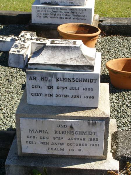 Arthur KLEINSCHMIDT,  | born 9 July 1895,  | died 29 June 1896;  | Maria KLEINSCHMIDT,  | born 9 Jan 1892,  | died 25 Oct 1901;  | Pimpama Island cemetery, Gold Coast  | 