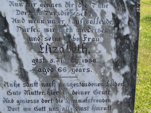 August BILLIAU,  | died 2 Jan 1926 aged 68 years;  | Elizabeth,  | wife,  | died 5 March 1936 aged 66 years;  | Pimpama Island cemetery, Gold Coast  | 