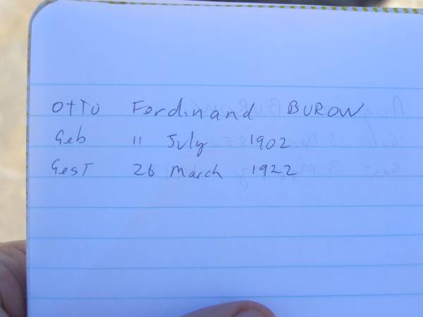 Otto Ferdinand BUROW,  | born 11 July 1902,  | died 26 March 1922;  | Pimpama Island cemetery, Gold Coast  | 