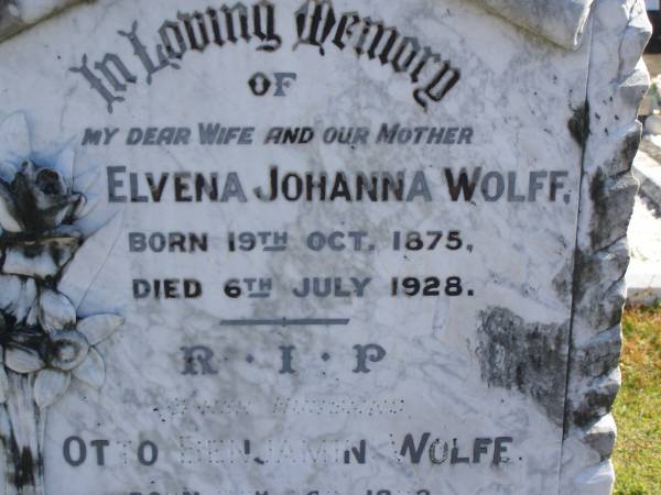 Elvena Johanna WOLFF,  | wife mother,  | born 19 Oct 1875,  | died 6 July 1928;  | Otto Benjamin WOLFF,  | husband,  | born 11 Oct 1872,  | died 12 Dec 1963;  | Pimpama Island cemetery, Gold Coast  | 