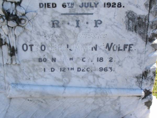 Elvena Johanna WOLFF,  | wife mother,  | born 19 Oct 1875,  | died 6 July 1928;  | Otto Benjamin WOLFF,  | husband,  | born 11 Oct 1872,  | died 12 Dec 1963;  | Pimpama Island cemetery, Gold Coast  | 