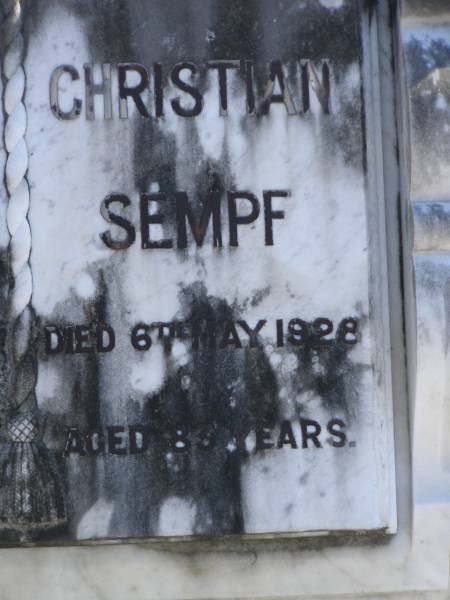 Heneriette SEMPF,  | died 14 Sept 1935 aged 88 years;  | Christian SEMPF,  | died 6 May 1928 aged 83 years;  | parents;  | Pimpama Island cemetery, Gold Coast  | 