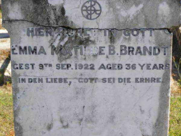 Emma Matilde B. BRANDT,  | died 9 Sept 1922 aged 36 years;  | Pimpama Island cemetery, Gold Coast  | 