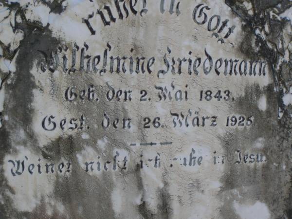 Wilhelmine KRIEDEMANN,  | born 2 May 1843,  | died 26 March 1925;  | Pimpama Island cemetery, Gold Coast  | 