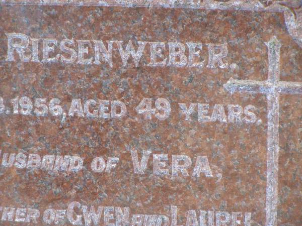 Harold RIESENWEBER,  | died 29 Feb 1956 aged 49 years,  | husband of Vera,  | father of Gwen & Laurel;  | Pimpama Island cemetery, Gold Coast  | 