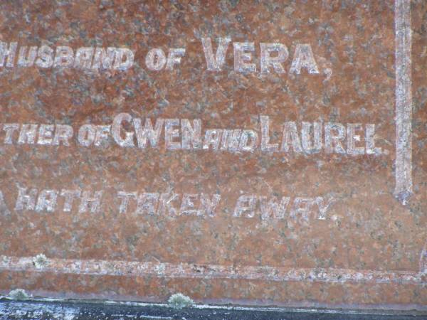 Harold RIESENWEBER,  | died 29 Feb 1956 aged 49 years,  | husband of Vera,  | father of Gwen & Laurel;  | Pimpama Island cemetery, Gold Coast  | 