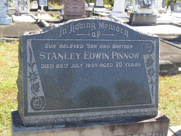Stanley Edwin PINNOW,  | son brother,  | died 25 July 1939 aged 20 years;  | Pimpama Island cemetery, Gold Coast  | 
