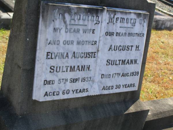 Elvina Auguste SULTMANN,  | wife mother,  | died 5 Sept 1933 aged 60 years;  | August H. SULTMANN,  | brother,  | died 17 Aug 1939 aged 30 years;  | Pimpama Island cemetery, Gold Coast  | 