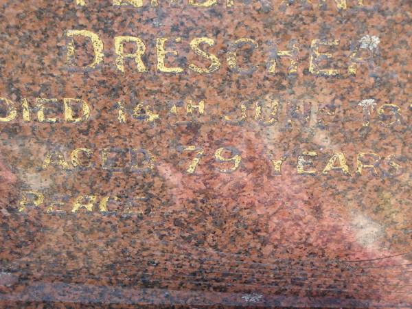 Maria Anna DRESCHER,  | wife mother,  | died 3 March 1987 aged 91 years;  | Ferdinand DRESCHER,  | husband father,  | died 14 June 1970 aged 79 years;  | Pimpama Island cemetery, Gold Coast  | 