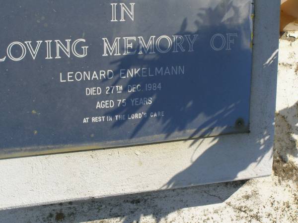 Leonard ENKELMANN,  | died 27 Dec 1984 aged 75 years;  | Pimpama Island cemetery, Gold Coast  | 