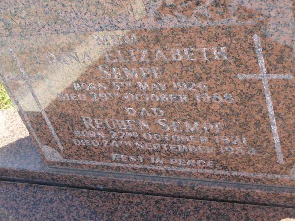 Lorna Elizabeth SEMPF,  | mum,  | born 5 May 1926,  | died 29 Oct 1988;  | Reuben SEMPF,  | dad,  | born 22 Oct 1921,  | died 24 Sept 1984;  | Pimpama Island cemetery, Gold Coast  | 