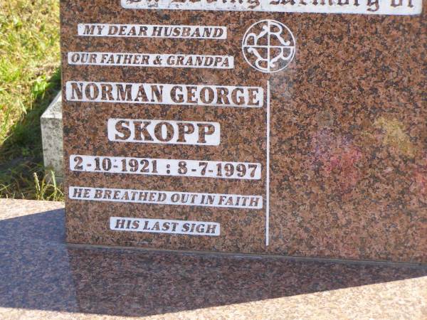 Norman George SKOPP,  | husband father grandpa,  | 2-10-1921 - 8-7-1997;  | Pimpama Island cemetery, Gold Coast  | 