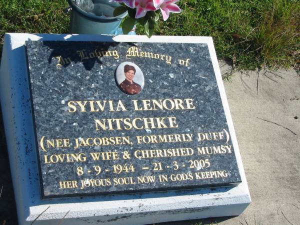 Sylvia Lenore NITSCHKE (nee JACOBSEN formerly DUFF),  | wife mumsy,  | 8-9-1944 - 21-3-2005;  | Pimpama Island cemetery, Gold Coast  | 