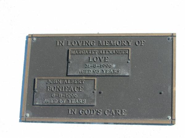 Margaret Alexander LOVE,  | died 31-8-1996 aged 95 years;  | John Albert BONIFACE,  | 8-11-1996 aged 57 years;  | Pimpama Island cemetery, Gold Coast  | 