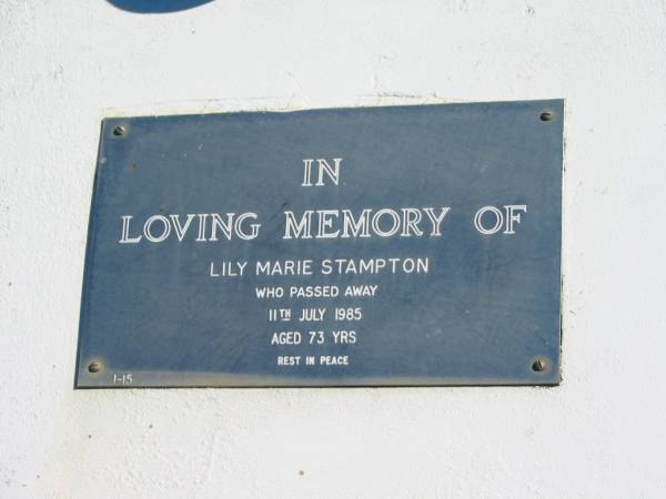 Lily Marie STAMPTON,  | died 11 July 1985 aged 73 years;  | Pimpama Island cemetery, Gold Coast  | 