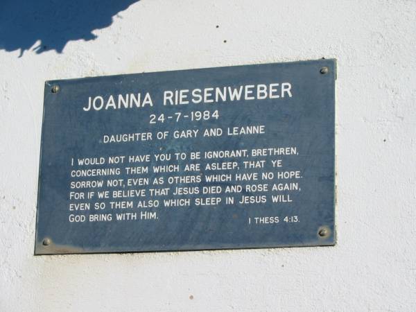 Joanna RIESENWEBER,  | died 24-7-1984,  | daughter of Gary & Leanne;  | Pimpama Island cemetery, Gold Coast  | 