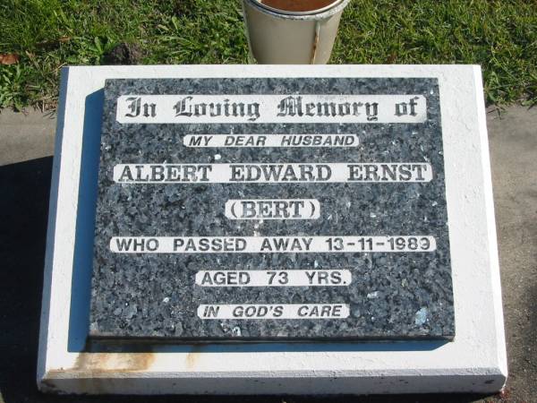 Albert Edward (Bert) ERNST,  | husband,  | died 13-11-1989 aged 73 years;  | Pimpama Island cemetery, Gold Coast  | 