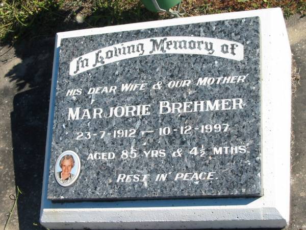 Marjorie BREHMER,  | wife mother,  | 23-7-1912 - 10-12-1997 aged 87 years 4 1/2 months;  | Pimpama Island cemetery, Gold Coast  | 