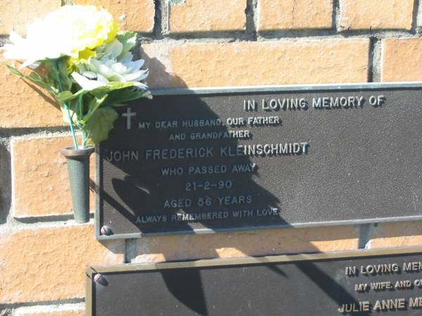 John Frederick KLEINSCHMIDT,  | husband father grandfather,  | died 21-290 aged 56 years;  | Pimpama Island cemetery, Gold Coast  | 