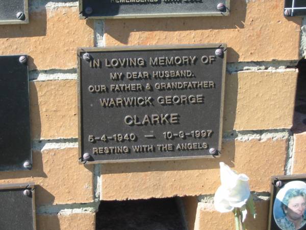 Warwick George CLARKE,  | husband father grandfather,  | 5-4-1940 - 10-6-1997;  | Pimpama Island cemetery, Gold Coast  | 