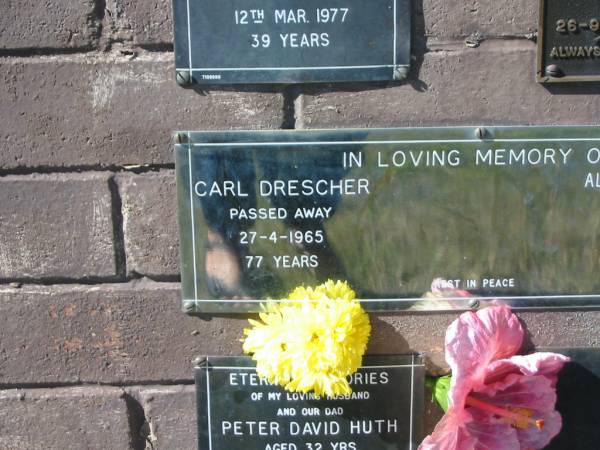 Carl DRESCHER,  | died 27-4-1965 aged 77 years;  | Albertine Friederike DRESCHER,  | died 3-1-1987 aged 93 years;  | Pimpama Island cemetery, Gold Coast  | 