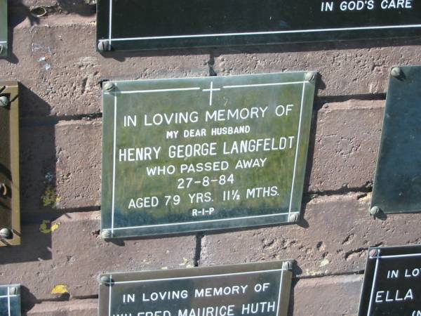 Henry George LANGFELDT,  | husband,  | died 27-8-84 aged 79 years 11 1/2 months;  | Pimpama Island cemetery, Gold Coast  | 