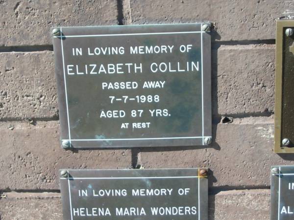 Elizabeth COLLIN,  | died 7-7-1988 aged 87 years;  | Pimpama Island cemetery, Gold Coast  | 
