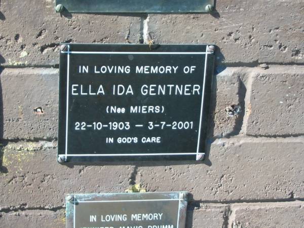 Ella Ida GENTNER (nee MIERS),  | 22-10-1903 - 3-7-2001;  | Pimpama Island cemetery, Gold Coast  | 