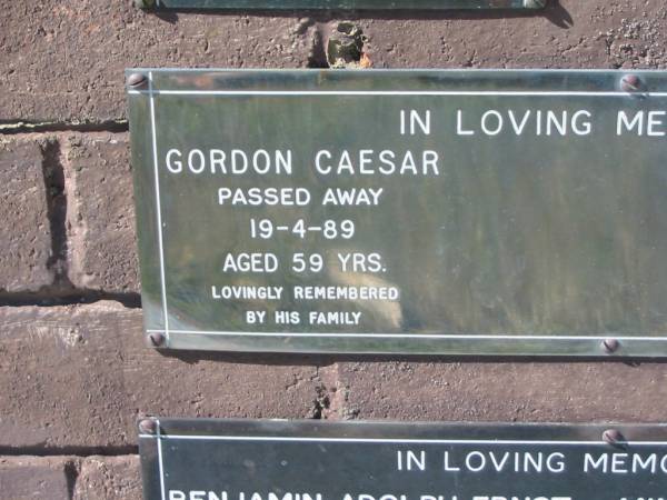 Gordon CAESAR,  | died 19-4-89 aged 59 years;  | Pimpama Island cemetery, Gold Coast  | 