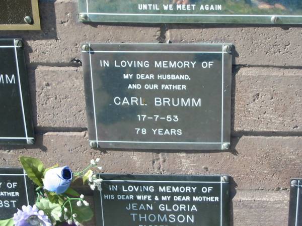 Carl BRUMM,  | husband father,  | died 17-7-53 aged 78 years;  | Pimpama Island cemetery, Gold Coast  | 