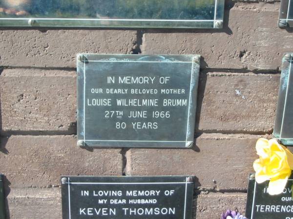 Louise Wilhelmine BRUMM,  | mother,  | died 27 June 1966 aged 80 years;  | Pimpama Island cemetery, Gold Coast  | 