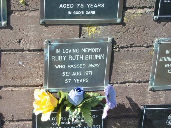 Ruby Ruth BRUMM,  | died 5 Aug 1971 aged 57 years;  | Pimpama Island cemetery, Gold Coast  | 