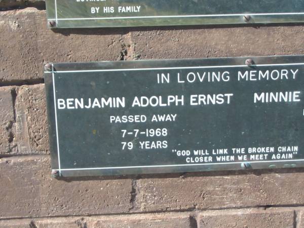Benjamin Adolph ERNST,  | died 7-7-1968 aged 79 years;  | Minnie Martha ERNST,  | died 12-5-1974 aged 82 years;  | Pimpama Island cemetery, Gold Coast  | 