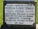 
Wilhelm Albert Robert HUTH,
died 9 July 1930 aged 72 years,
husband father;
Auguste Emelie,
wife mother,
died 24 Dec 1947 aged 78 years;
Pimpama Island cemetery, Gold Coast
