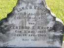 
Erna B. KROPP,
born 11 Aug 1901,
died 25 Nov 1901;
Gertrud E. KROPP,
born 2 Aug 1895,
died 15 Apr 1904;
Pimpama Island cemetery, Gold Coast
