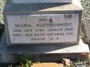 
Arthur KLEINSCHMIDT,
born 9 July 1895,
died 29 June 1896;
Maria KLEINSCHMIDT,
born 9 Jan 1892,
died 25 Oct 1901;
Pimpama Island cemetery, Gold Coast

