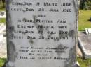 
Esther Martha Ida IKER (nee BRESSOW),
born 19 March 1886,
died 29 July 1910;
Esther Maria IKER,
born 26 July 1910,
died 30 July 1910;
remembered by H. IKER & the BRESSOW family;
Pimpama Island cemetery, Gold Coast
