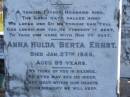Albert ERNST, died 25 Oct 1913 aged 60 years, father husband; Anna Hulda Berta ERNST, died 27 Jan 1946 aged 85 years; Pimpama Island cemetery, Gold Coast 