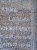Johann Gottleib KLEINSCHMIDT, father, died 30 July 1946 aged 78 years; Anne Louise KLEINSCHMIDT, mother, died 3 Feb 1948 aged 72 years; Pimpama Island cemetery, Gold Coast 