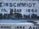 Maria Magdalene KLEINSCHMIDT, born 18 March 1864, died 28 July 1911; Albert KLEINSCHMIDT, ashes, born 10 Jan 1857, died 6 June 1943; Pimpama Island cemetery, Gold Coast 