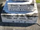 
Ethel Matilda,
daughter of E.G. & C.M.H. PINNOW,
born 11 Sept 1914,
died 21 April 1922;
Pimpama Island cemetery, Gold Coast
