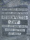 
Reuben Victor ZIPF,
husband father,
died 4 Nov 1945 aged 42 years;
Winifred Mona ZIPF,
wife mother,
died 21 Mar 1993 aged 84 years;
Pimpama Island cemetery, Gold Coast
