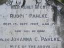 Rudolf PAHLKE, died 14 Sept 1924 aged 71 years; Johanna C. PAHLKE, wife, died 5 March 1949 aged 91 years; Pimpama Island cemetery, Gold Coast 