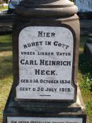 
Carl Heinrich HECK,
father,
born 14 Oct 1834,
died 20 July 1915;
Pimpama Island cemetery, Gold Coast
