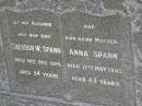 
Theodor W. SPANN,
husband dad,
died 18 Dec 1929 aged 54 years;
Anna SPANN,
mother,
died 17 May 1963 aged 83 years;
Pimpama Island cemetery, Gold Coast
