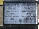 
Hans Nickolaus GRANTZ,
born 20 Sept 1871,
died 31 Aug 1950;
Martha Auguste GRANTZ,
born 3 Aug 1872,
died 30 April 1939;
Pimpama Island cemetery, Gold Coast
