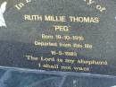 
Ruth Millie (Peg) THOMAS,
born 19-10-1916,
died 16-5-1989;
Pimpama Island cemetery, Gold Coast
