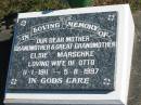 
Elsie MARSCHKE,
wife of Otto,
mother grandmother great-grandmother,
11-1-1911 - 5-8-1997;
Pimpama Island cemetery, Gold Coast
