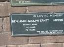 
Benjamin Adolph ERNST,
died 7-7-1968 aged 79 years;
Minnie Martha ERNST,
died 12-5-1974 aged 82 years;
Pimpama Island cemetery, Gold Coast
