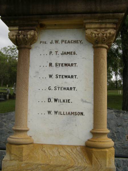 J.W. PEACHEY;  | P.T. JAMES;  | R. STEWART;  | W. STEWART;  | G. STEWART;  | D. WILKIE;  | W. WILLIAMSON;  | Pimpama Uniting cemetery, Gold Coast  | 